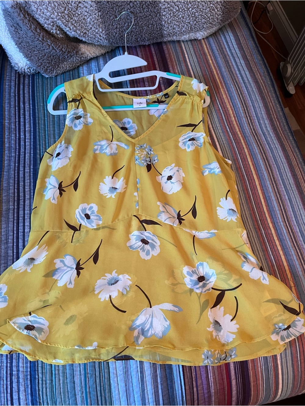 CAbi Yellow Floral Top with Blue and White Blooms